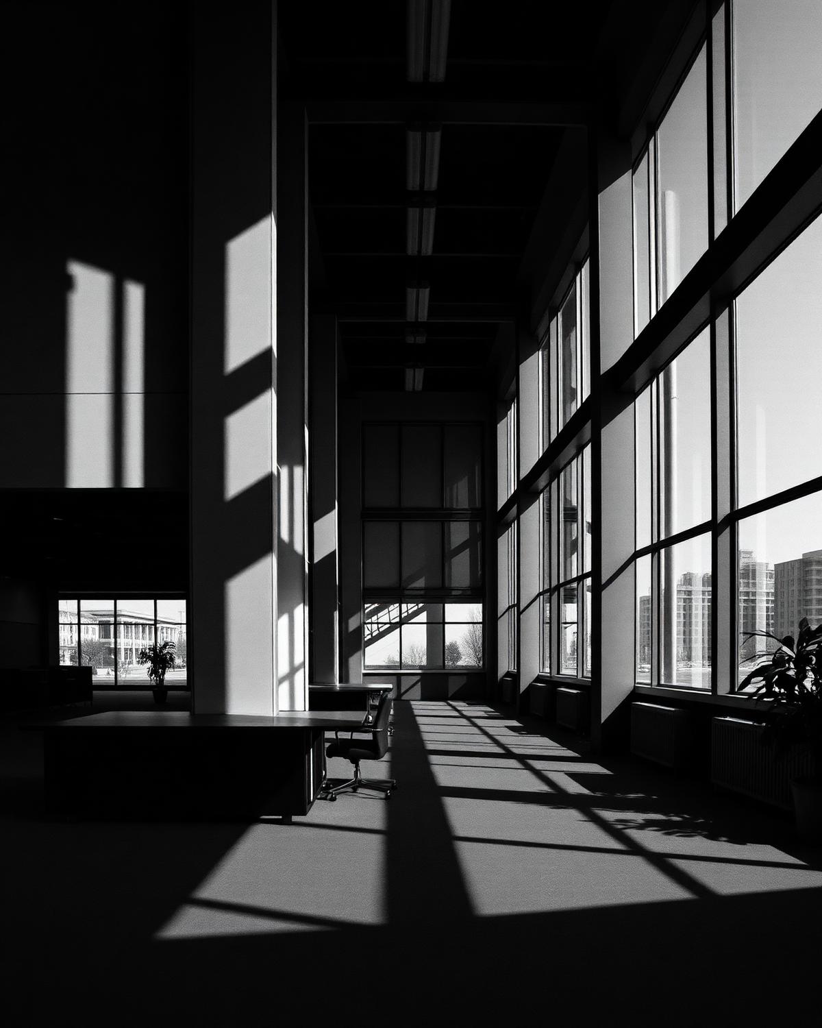 Modern studio interior with hard daylight and long shadows